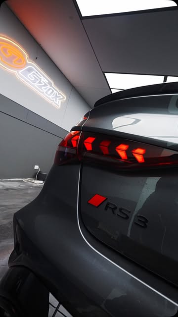 Rear light, paintwork and RS 3 badge on a grey Audi in the G’ZOX Adelaide studio